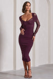 Between The Lines Plum Ruched Mesh Long-Sleeved Bodycon Midi Dress