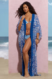 Breathe Blue Porcelain Print Chiffon Long-Sleeved Cover Up