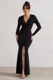 Tianna Black Plunge-Neck Twisted Split Maxi Dress