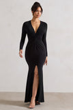 Tianna Black Plunge-Neck Twisted Split Maxi Dress