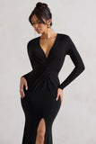 Tianna Black Plunge-Neck Twisted Split Maxi Dress