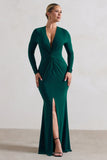 Tianna Bottle Green Plunge-Neck Twisted Split Maxi Dress