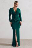 Tianna Bottle Green Plunge-Neck Twisted Split Maxi Dress