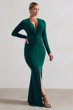 Tianna Bottle Green Plunge-Neck Twisted Split Maxi Dress