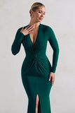 Tianna Bottle Green Plunge-Neck Twisted Split Maxi Dress