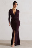 Tianna Dark Plum Plunge-Neck Twisted Split Maxi Dress
