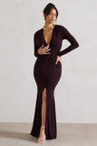 Tianna Dark Plum Plunge-Neck Twisted Split Maxi Dress