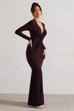 Tianna Dark Plum Plunge-Neck Twisted Split Maxi Dress