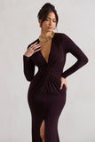 Tianna Dark Plum Plunge-Neck Twisted Split Maxi Dress