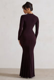 Tianna Dark Plum Plunge-Neck Twisted Split Maxi Dress