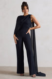 Malina Navy Straight-Leg Jumpsuit With Chiffon Cape