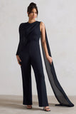 Malina Navy Straight-Leg Jumpsuit With Chiffon Cape