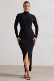 Soha Black High-Neck Wrap Midi Dress