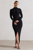 Soha Black High-Neck Wrap Midi Dress