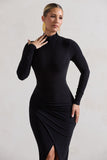 Soha Black High-Neck Wrap Midi Dress
