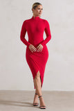 Soha Red High-Neck Wrap Midi Dress