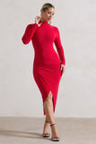 Soha Red High-Neck Wrap Midi Dress