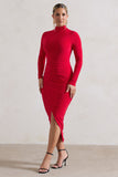 Soha Red High-Neck Wrap Midi Dress