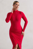 Soha Red High-Neck Wrap Midi Dress