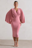 Mishka Blush Pink Plunge-Neck Cape Midi Dress