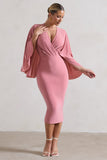 Mishka Blush Pink Plunge-Neck Cape Midi Dress