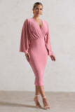 Mishka Blush Pink Plunge-Neck Cape Midi Dress