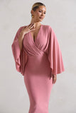 Mishka Blush Pink Plunge-Neck Cape Midi Dress