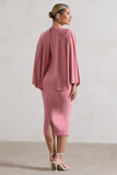 Mishka Blush Pink Plunge-Neck Cape Midi Dress