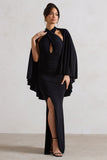 Audrina Black Ruched Halter-Neck Split Maxi Dress With Cape