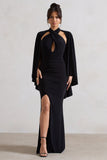 Audrina Black Ruched Halter-Neck Split Maxi Dress With Cape