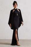 Audrina Black Ruched Halter-Neck Split Maxi Dress With Cape