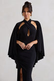 Audrina Black Ruched Halter-Neck Split Maxi Dress With Cape