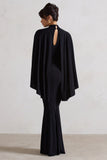 Audrina Black Ruched Halter-Neck Split Maxi Dress With Cape