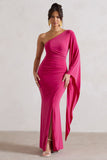 Giada Dark Pink Ruched One Shoulder Cape Sleeve Maxi Dress