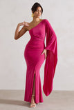 Giada Dark Pink Ruched One Shoulder Cape Sleeve Maxi Dress