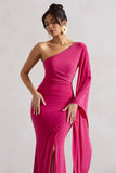 Giada Dark Pink Ruched One Shoulder Cape Sleeve Maxi Dress