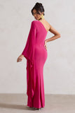 Giada Dark Pink Ruched One Shoulder Cape Sleeve Maxi Dress