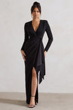 Odetta Black Plunge-Neck Wrap Maxi Dress With Tie Waist