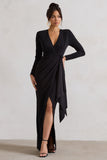 Odetta Black Plunge-Neck Wrap Maxi Dress With Tie Waist