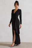 Odetta Black Plunge-Neck Wrap Maxi Dress With Tie Waist