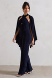 Lourdes Navy Halter-Neck Straight-Leg Jumpsuit With Cape