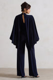 Lourdes Navy Halter-Neck Straight-Leg Jumpsuit With Cape