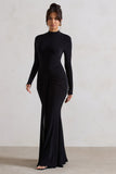 Pietra Black High-Neck Long Sleeve Knot Maxi Dress