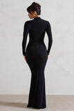 Pietra Black High-Neck Long Sleeve Knot Maxi Dress