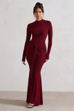 Pietra Berry High-Neck Long Sleeve Knot Maxi Dress