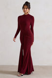 Pietra Berry High-Neck Long Sleeve Knot Maxi Dress
