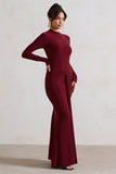 Pietra Berry High-Neck Long Sleeve Knot Maxi Dress