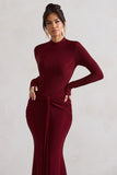 Pietra Berry High-Neck Long Sleeve Knot Maxi Dress