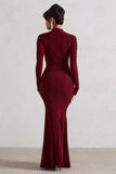 Pietra Berry High-Neck Long Sleeve Knot Maxi Dress