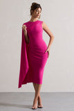 Reveal Dark Pink One-Sleeve Cape Midi Dress